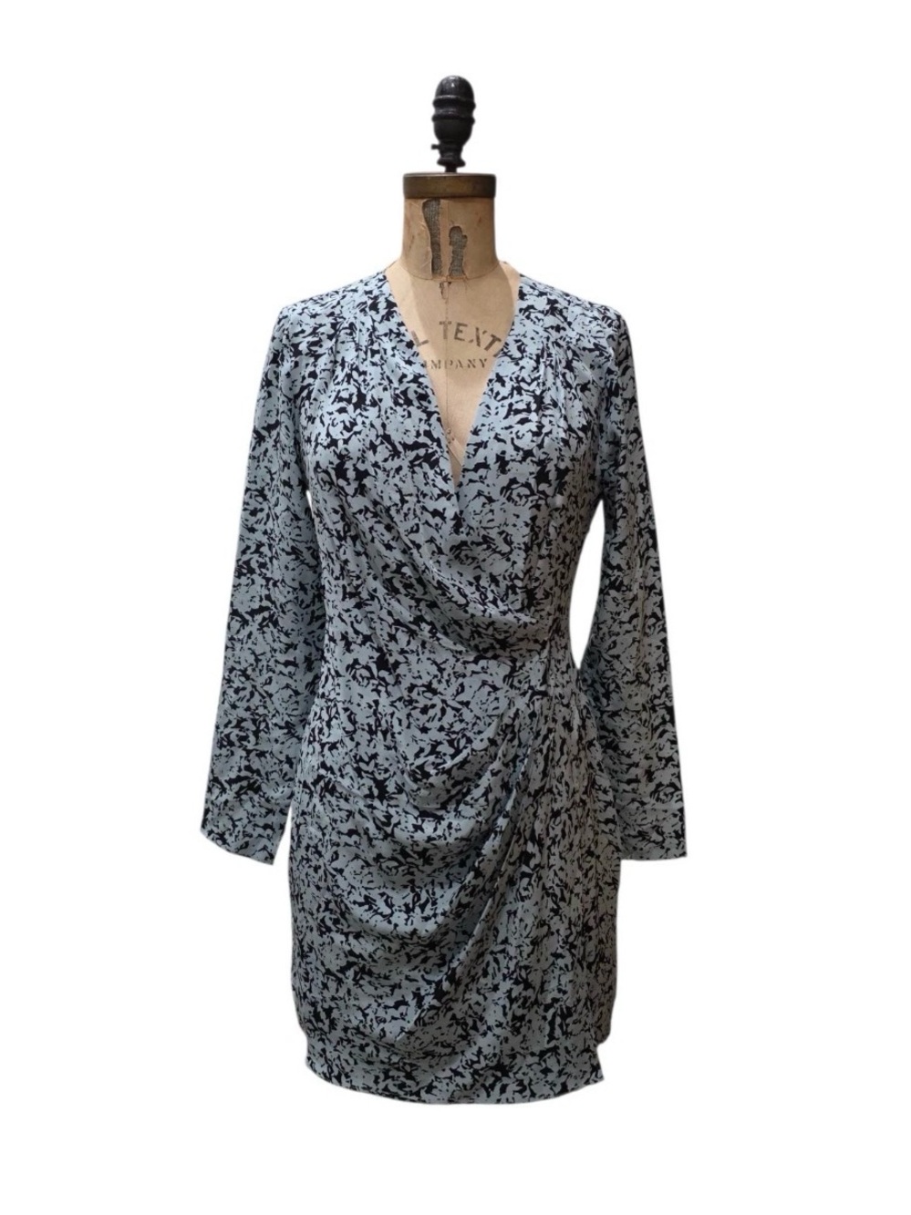 Club Monaco blue and Black Floral Wrap-Style Long Sleeve silk Dress